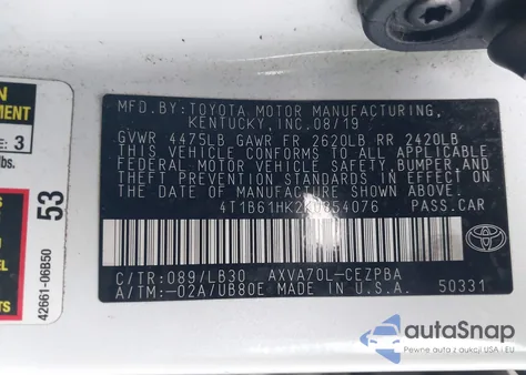 2019 Toyota Camry Xse z USA, uszkodzony, nr VIN 4T1B61HK2KU854076